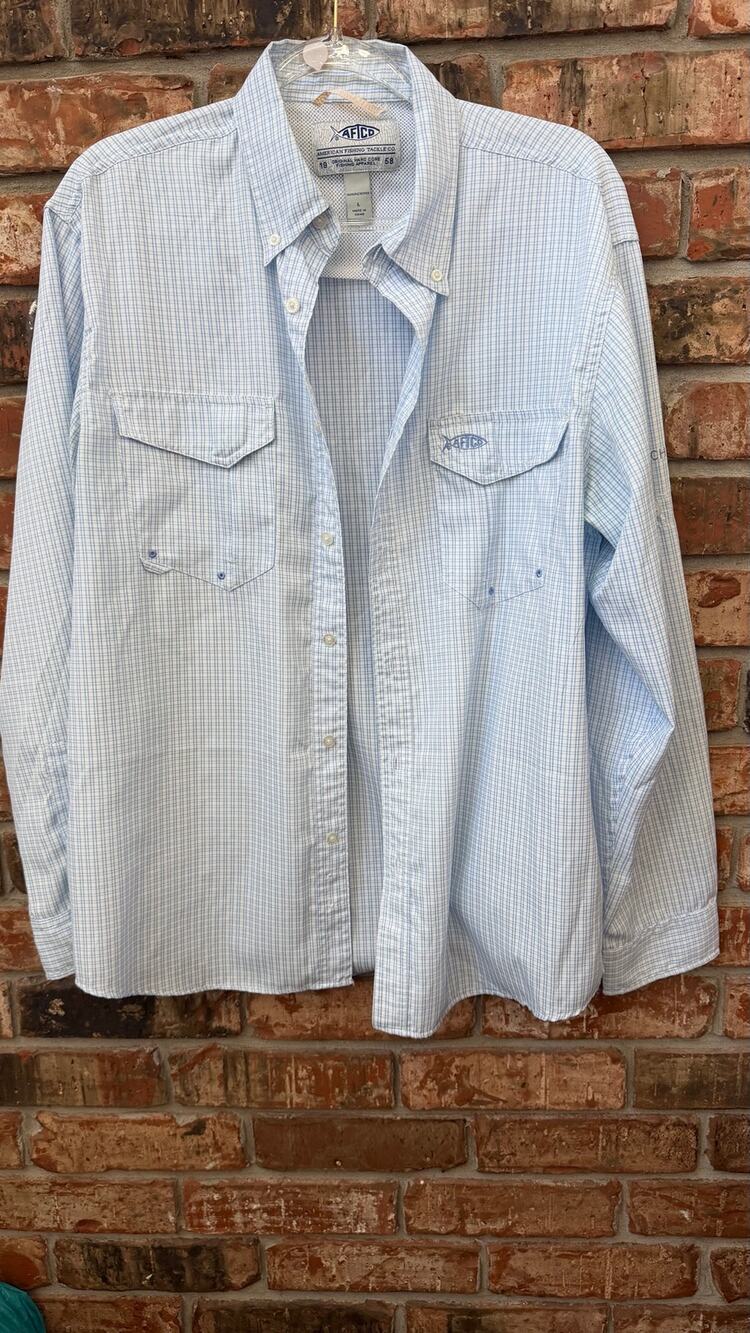 Aftco Aftech Mens Large Blue Plaid Performance Tech Fishing Roll Tab Lightweight